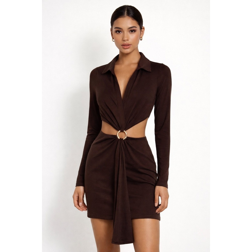 Peppermayo Womens Chocolate Brown Long Sleeve Cut Out Mini Dress Size 4 Formal